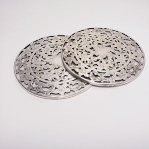 Bridal Champagne Coaster Set Sterling Silver Hand Engraved Floral Lace Pattern